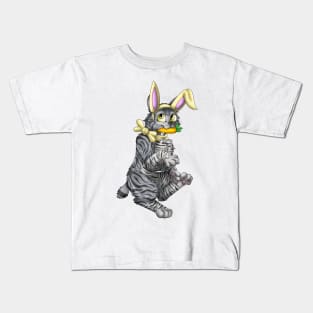 Bobtail BunnyCat: Grey Tabby (Yellow) Kids T-Shirt